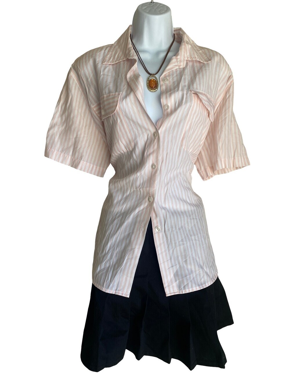 Vintage Alice Stuart XL Peach White Striped Button Up Blouse Fall Officecore Top